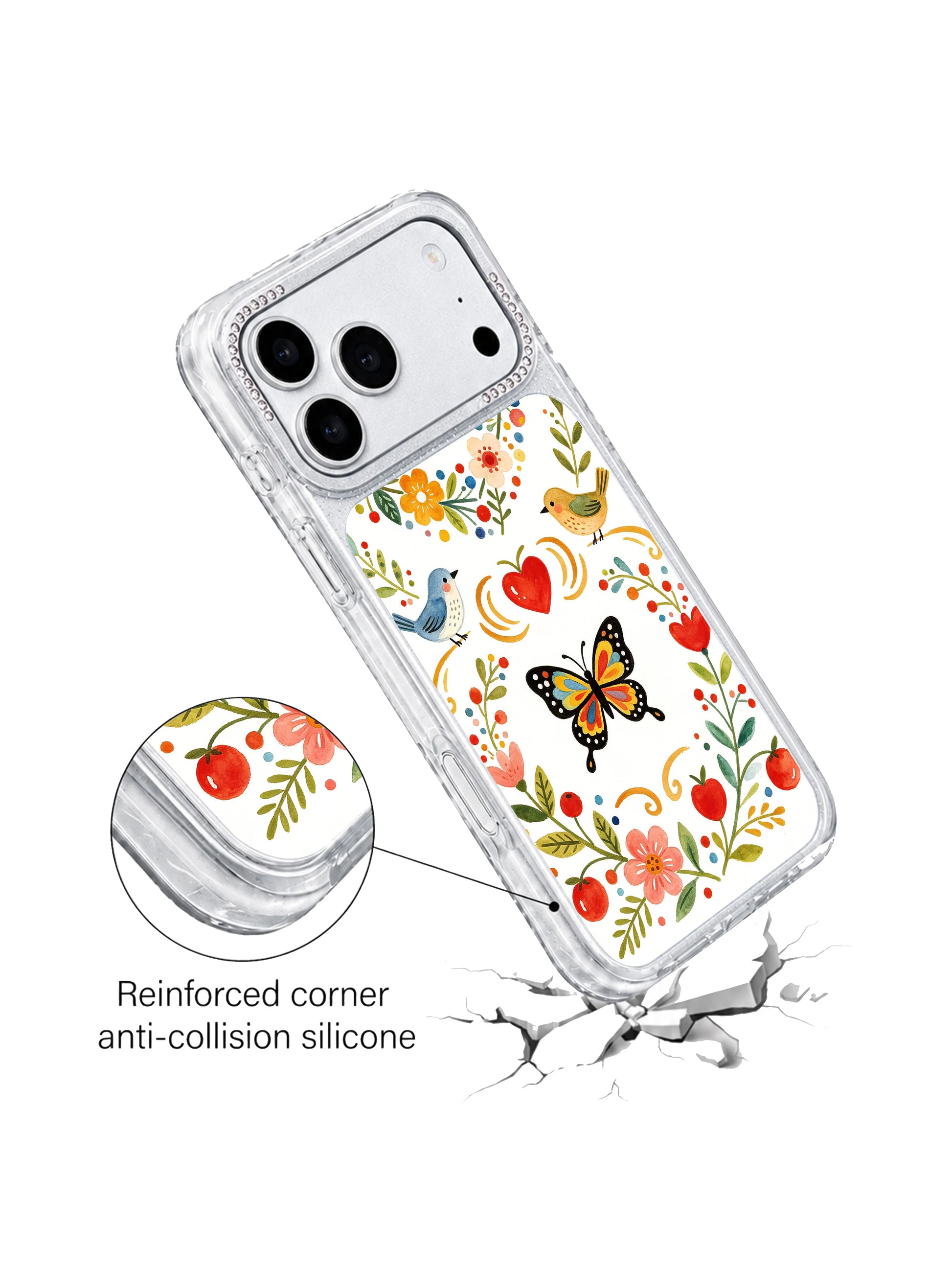 PhoneCasing charming folk floral wreath iphone 17 pro Max case from Aurelia Finch’s series, dynamic butterfly, bird and heart motif with hand-drawn watercolor charm.