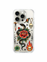 Snake and red rose with heart charm and clover artwork on an iPhone 15 Pro case