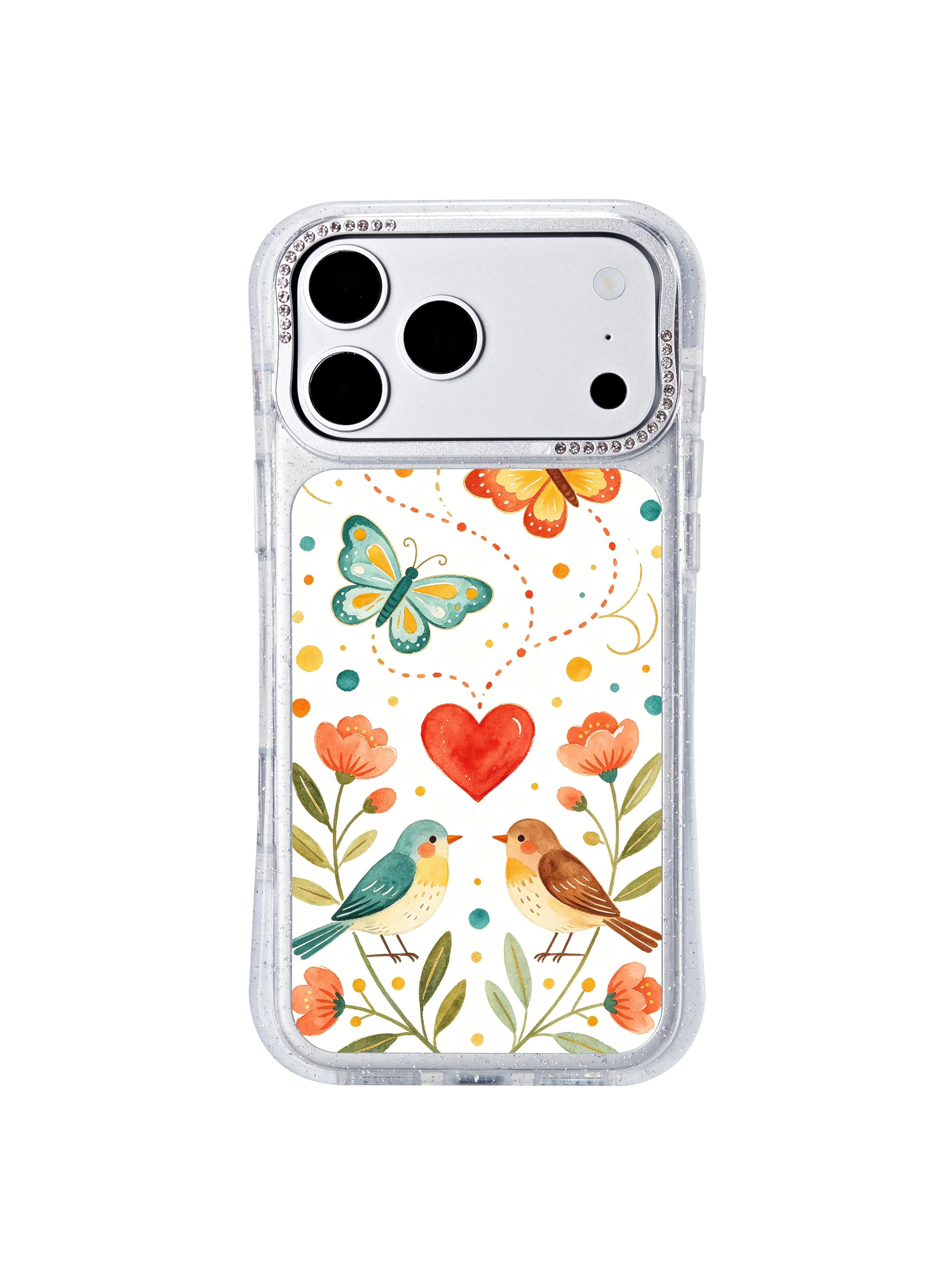 PhoneCasing crystal rhinestone camera rim friendly iphone 17 pro Max case with Aurelia Finch’s romantic bird butterfly garden print, fully unblocked cutouts for iphone 17 pro camera control buttons.