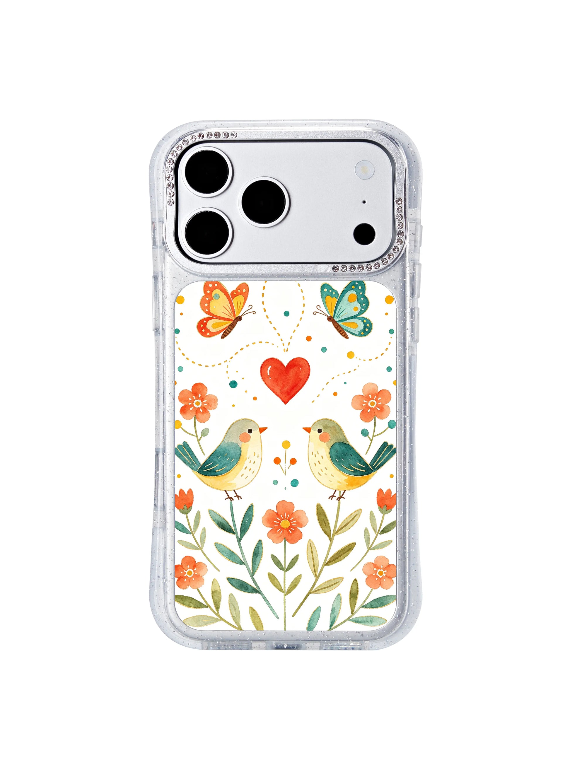 PhoneCasing exclusive artist collaboration iphone 17 pro Max case featuring Aurelia Finch’s Heartward Butterfly twin birds watercolor folk art, directional dotted trails leading to a red heart for romantic hopeful daily styling.