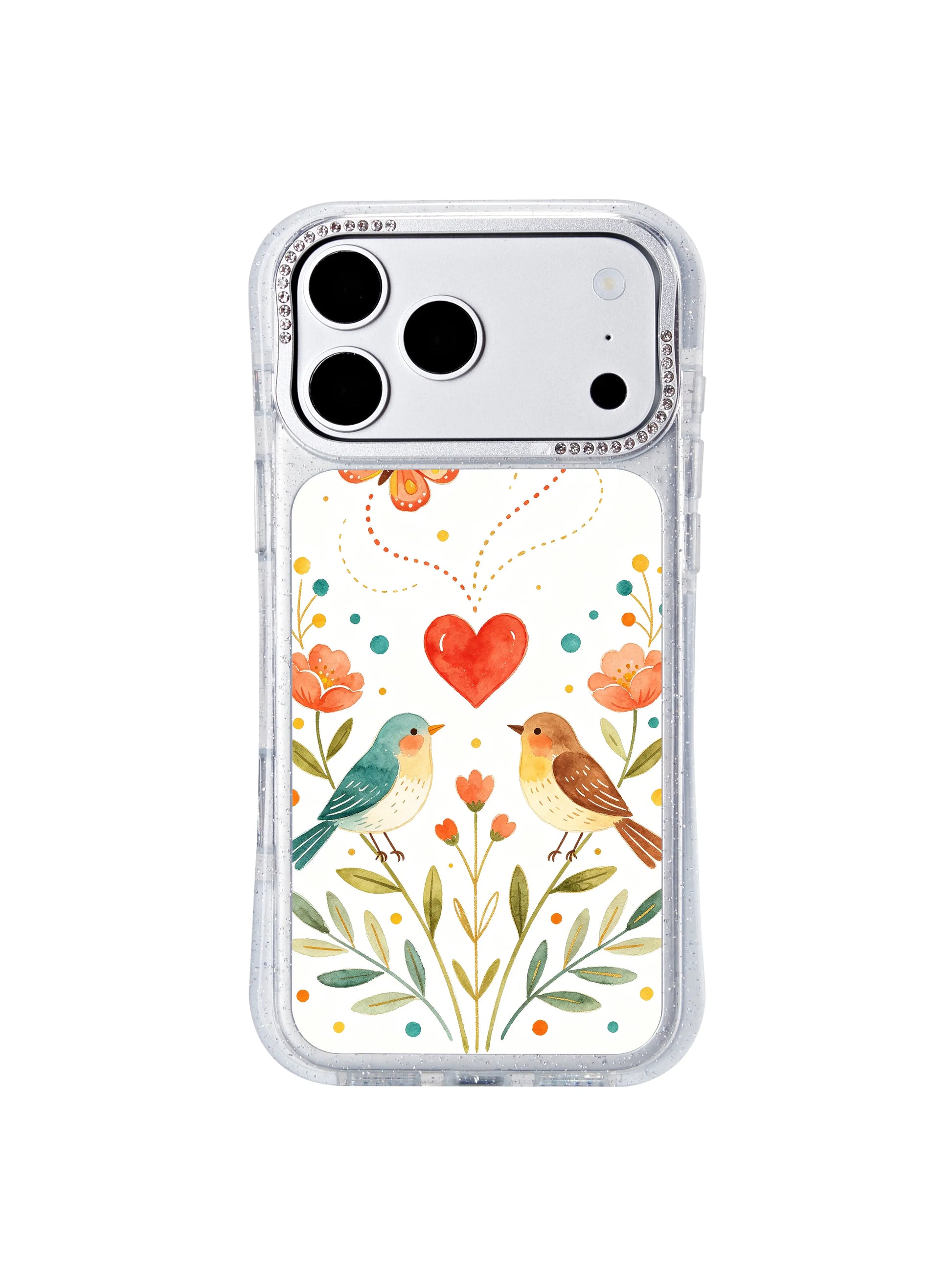 PhoneCasing premium wearable fine art iphone 17 pro Max case from Aurelia Finch curated artist collection, museum-grade twin bird and heartbound butterfly garden illustration for everyday device decor.