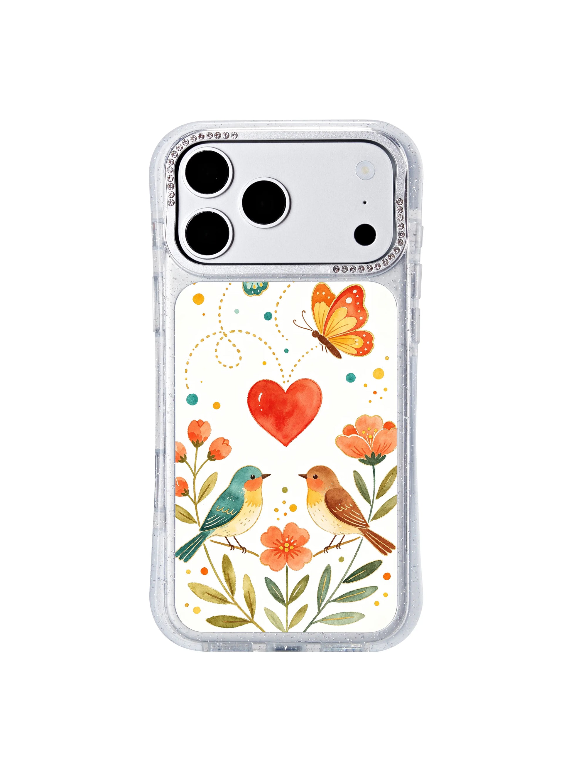 PhoneCasing scratch resistant iphone 17 pro Max case printed with Aurelia Finch’s whimsical romantic folk art, reinforced glitter frame shields against daily drops and surface abrasion.