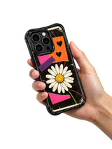 PhoneCasing iPhone 16 pro Case with textured worn grunge matte black canvas layered oversized hero block-print cream daisy focal bloom and rough torn pink-orange paper collages, Ruby Daze White Daisy Street Poster artist-designed wavy casing for confident rule-breaking feminine style.