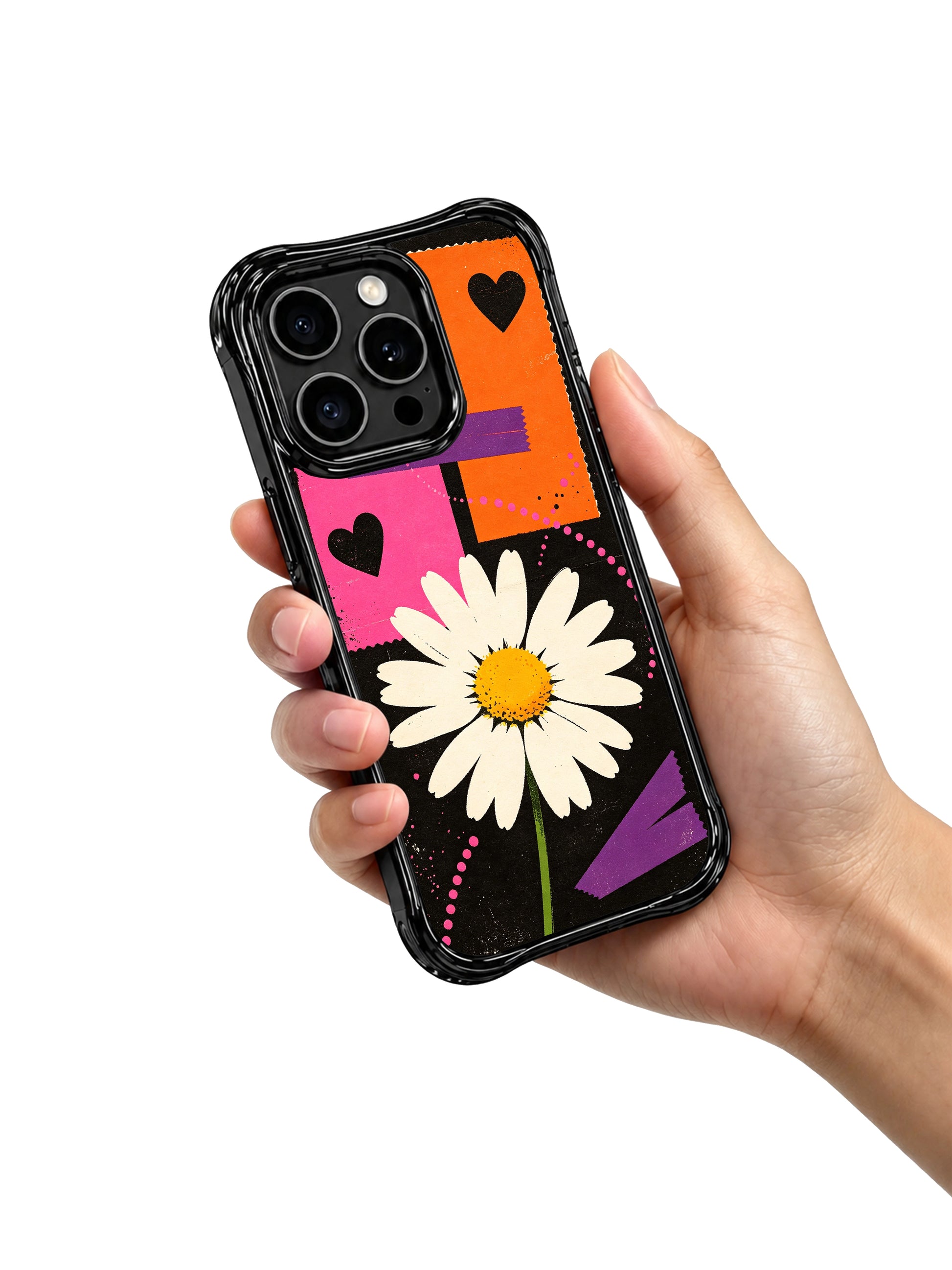 PhoneCasing iPhone 16 pro Case with textured worn grunge matte black canvas layered oversized hero block-print cream daisy focal bloom and rough torn pink-orange paper collages, Ruby Daze White Daisy Street Poster artist-designed wavy casing for confident rule-breaking feminine style.