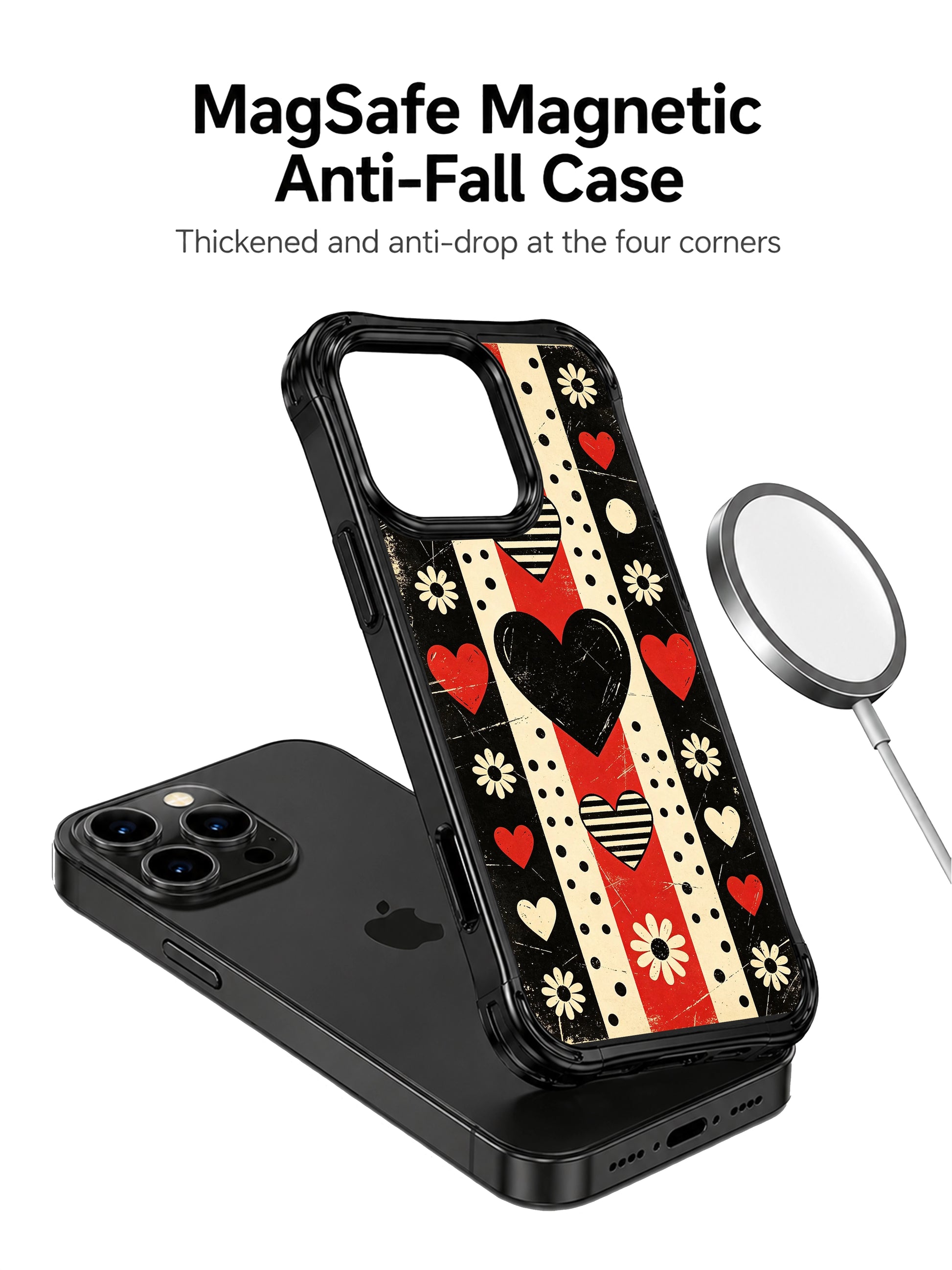 PhoneCasing iPhone 16 pro Case with aged underground punk scratch grain dark base checker segmented red-cream-red block stripes layered multi-size dot bands, solid/striped red/black hearts and framed vintage daisy borders, exclusive Ruby Daze design, gallery-quality wavy black frame iPhone 16 pro casing.