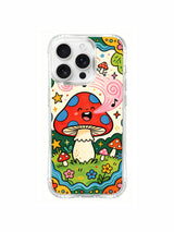 Singing mushroom with a transparent wavy frame artwork on an iPhone 16 Pro Max case