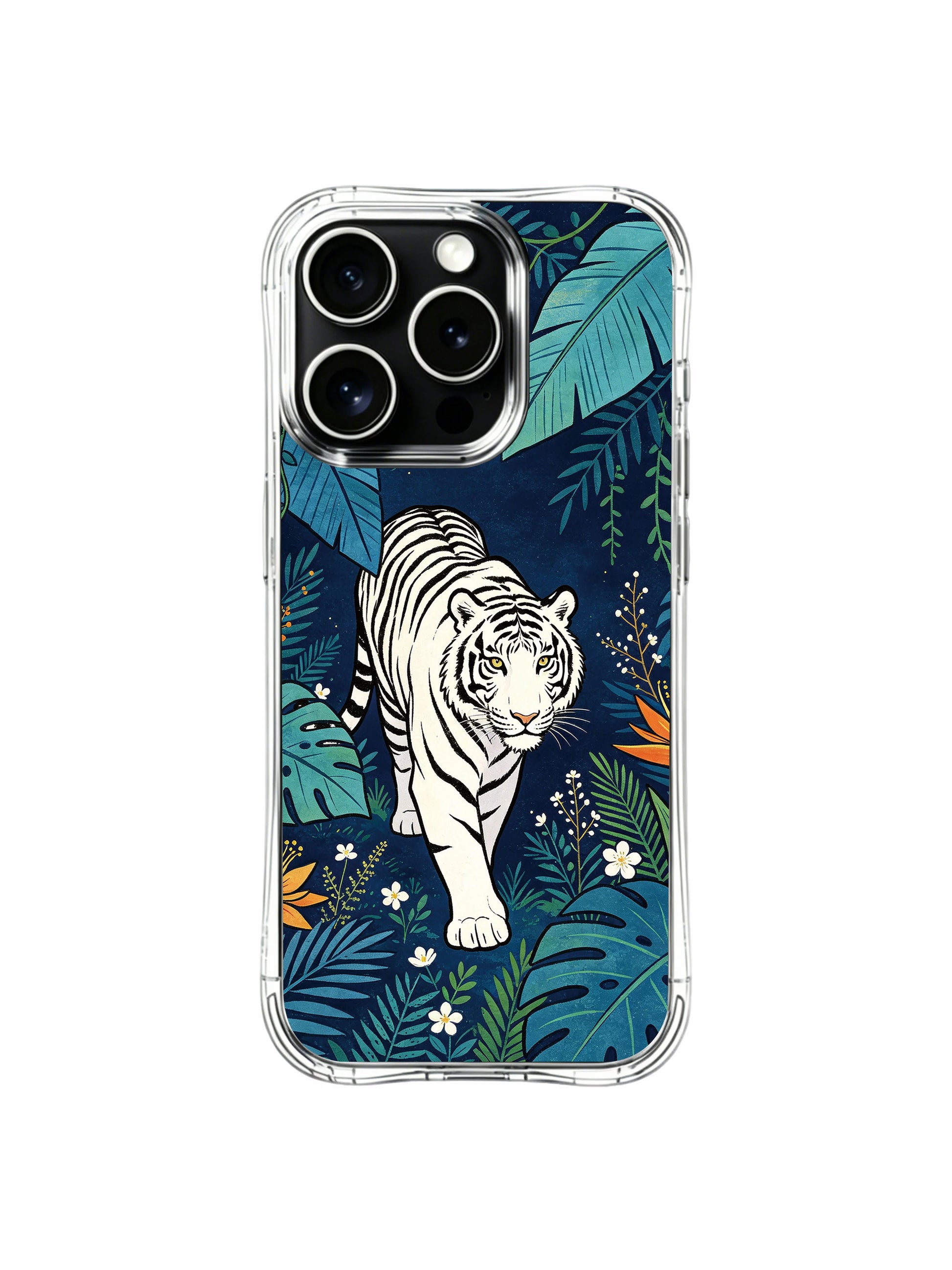 Orange hibiscus accent white tiger deep blue tropical jungle iPhone 13 Pro Case by PhoneCasing, original Rufus Vale illustration phone casing, scratch-resistant luxury art protective case