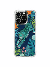 Cyan spotted cat among hibiscus and sea ferns artwork on an iPhone 13 Pro case