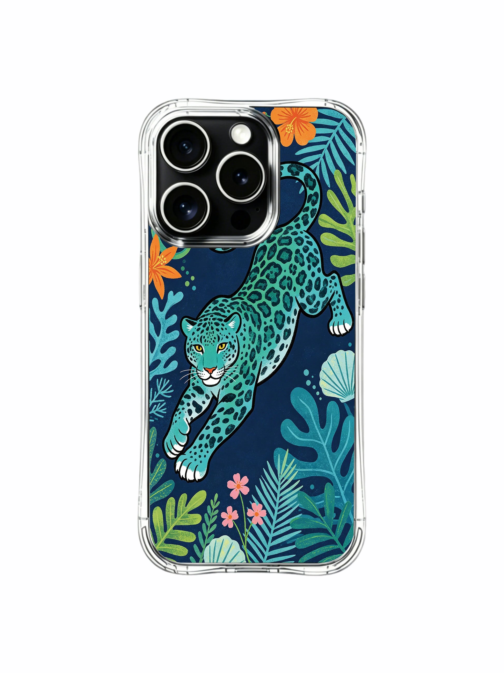 Colorful hibiscus flowers and sea fern leaves building a dreamy coastal ocean paradise for roaming cyan jaguar iPhone 13 pro Case from PhoneCasing, impact-proof clear iPhone 13 pro casing, freedom & hopeful escape themed premium phone cover.