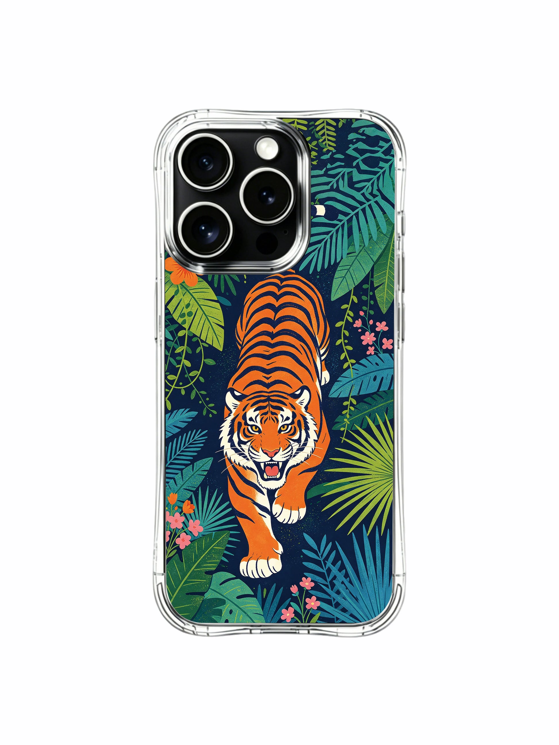 Bright hibiscus tropical flower surrounding orange tiger iPhone 13 pro Case from PhoneCasing, night garden artist illustration casing, boutique designer protective phone cover
