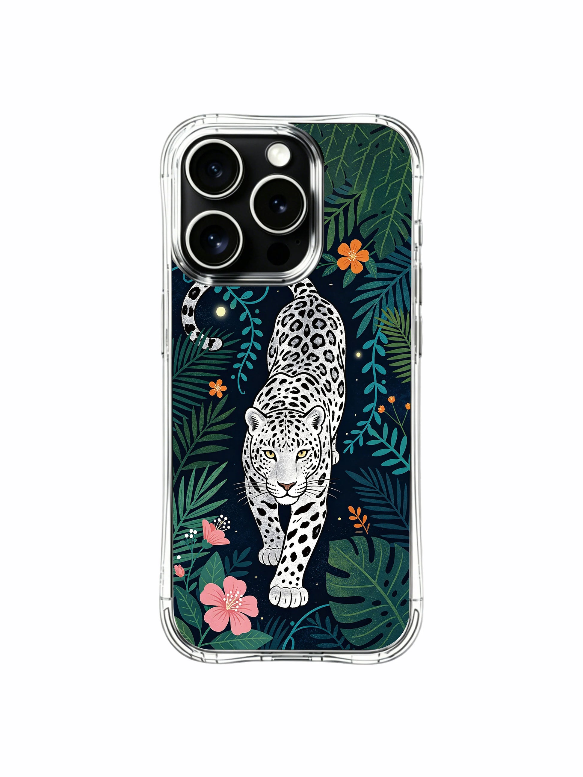 Vibrant hibiscus and monstera leaves framing moonlight silver leopard iPhone 13 pro Case from PhoneCasing, drop-resistant clear iPhone 13 pro casing, tropical night themed premium phone cover.
