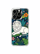 White lion among hibiscus and palm leaves artwork on an iPhone 13 Pro case