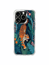 Colorful hibiscus flowers and giant palm leaves building an enchanted green palace for roaming wild tiger iPhone 13 pro Case from PhoneCasing, impact-proof clear iPhone 13 pro casing, bold confidence & adventure themed premium phone cover.