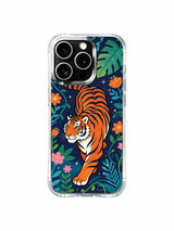Blush hibiscus and tropical palm framing fiery striped night tiger iPhone 13 pro Case from PhoneCasing, impact-proof clear iPhone 13 pro casing, vivid dream-themed rainforest premium phone cover.
