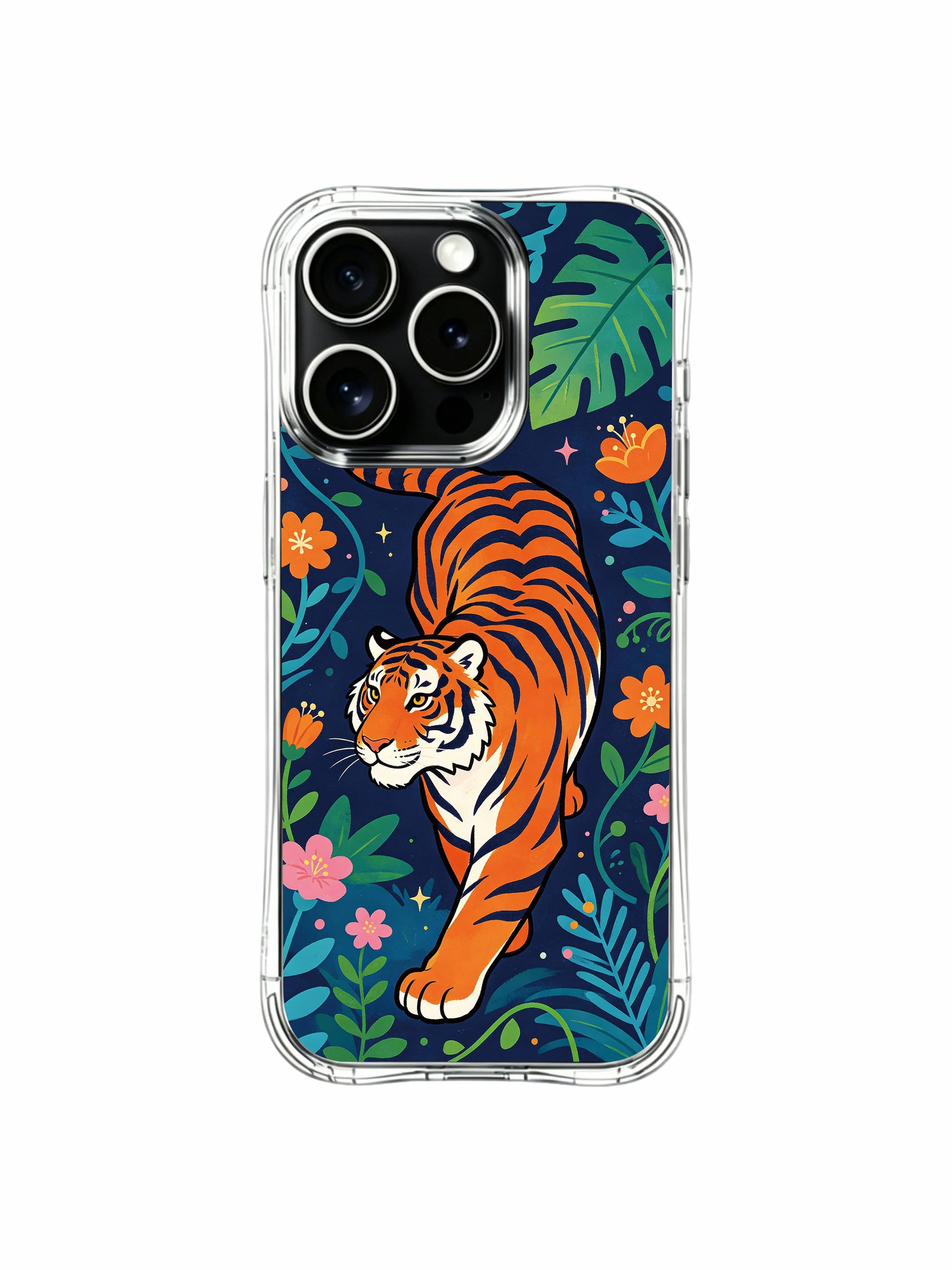 Blush hibiscus and tropical palm framing fiery striped night tiger iPhone 13 pro Case from PhoneCasing, impact-proof clear iPhone 13 pro casing, vivid dream-themed rainforest premium phone cover.