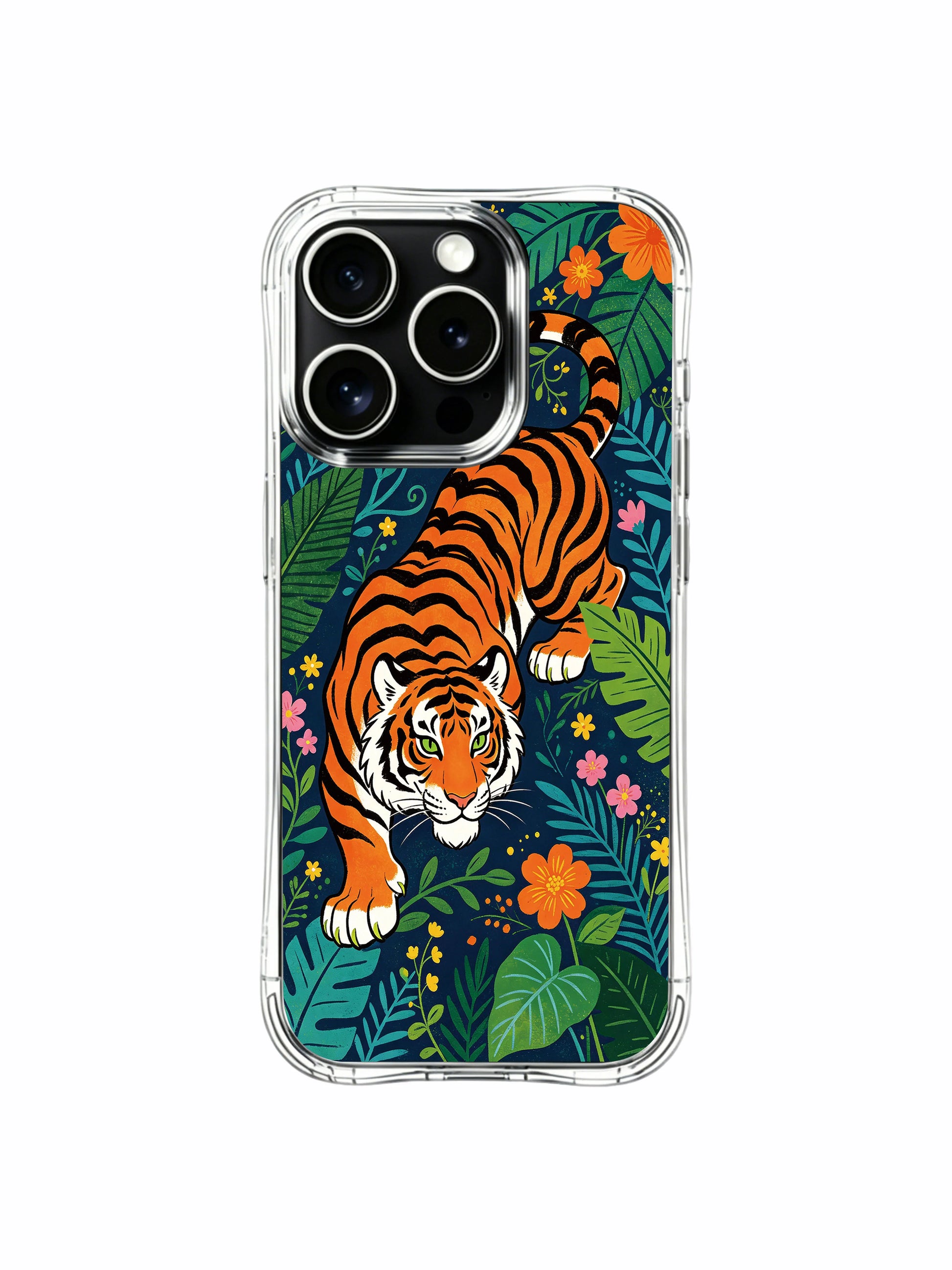 Bright hibiscus and winding tropical vines build a sacred natural sanctuary around regal jungle guardian tiger iPhone 13 pro Case from PhoneCasing, impact-proof clear iPhone 13 pro casing, vitality & fearless freedom themed premium phone cover.