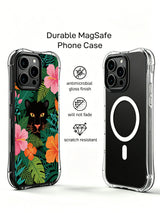 Black panther with pink and orange flowers artwork on an iPhone 13 Pro case