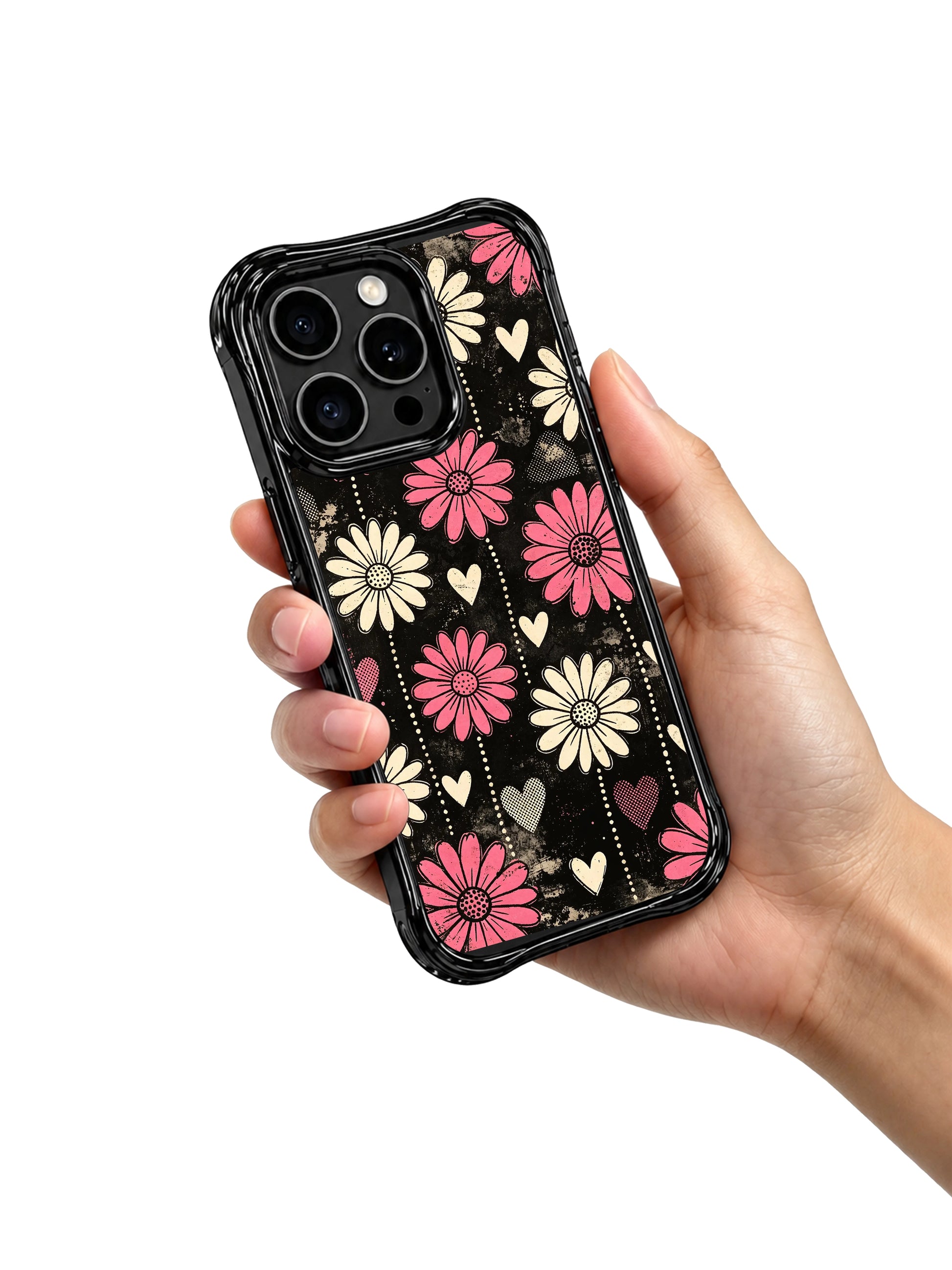 PhoneCasing iPhone 16 pro Case with high contrast distressed black background blush pink & cream vertical daisy print, Ruby Daze Pink Static Garden artist-designed wavy casing for cool feminine style.