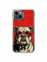 Collectible-style red-lens bulldog artwork artwork on an iPhone 13 case