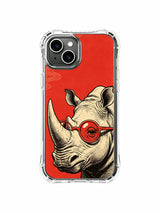Detailed red-lens rhinoceros portrait on an iPhone 13 case