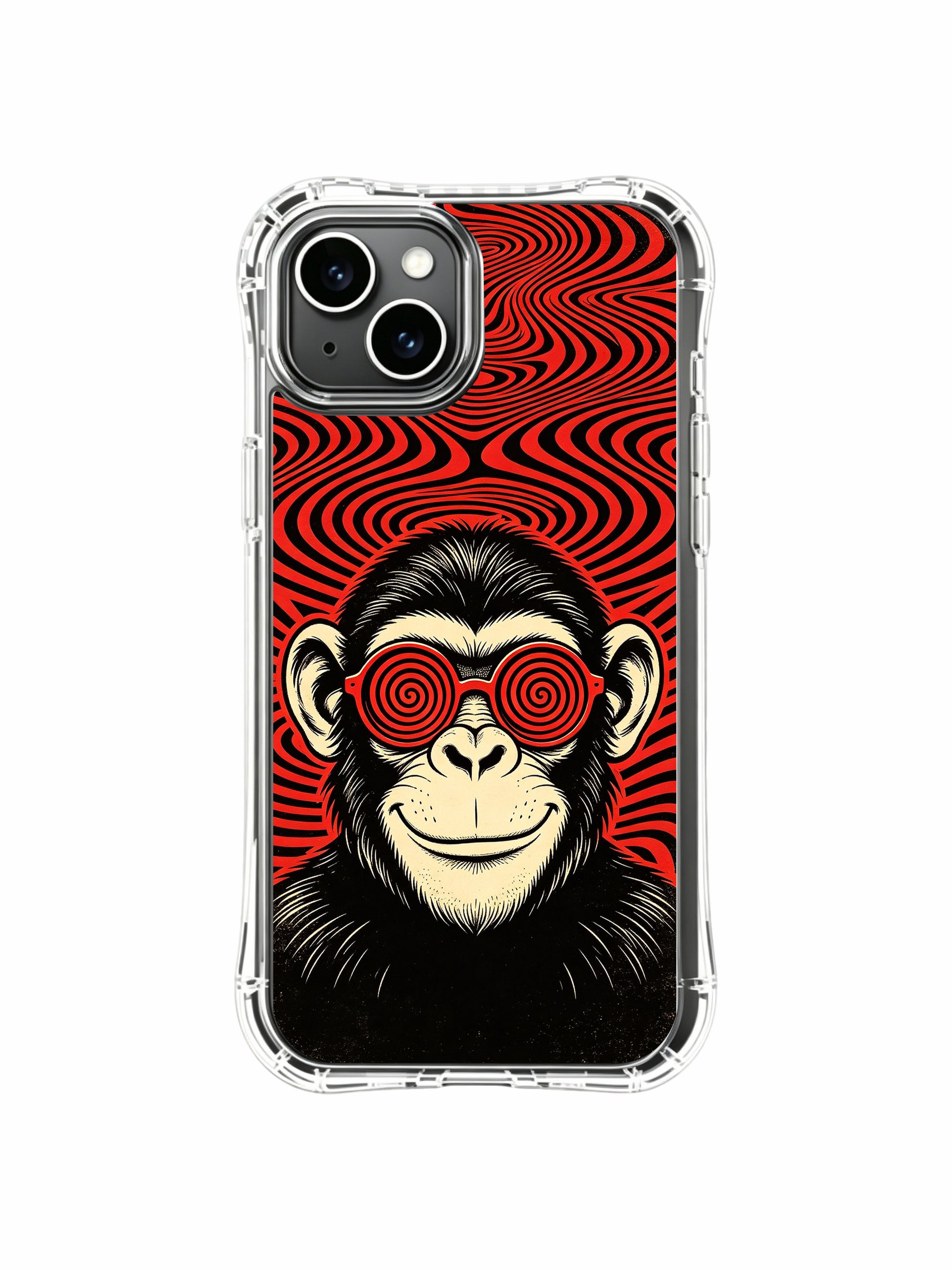 Premium collectible red lens prankster vintage poster chimp art PhoneCasing iPhone 13 Case, official Rufus Vale exclusive print phone casing sold as premium holiday art gift nationwide USA.