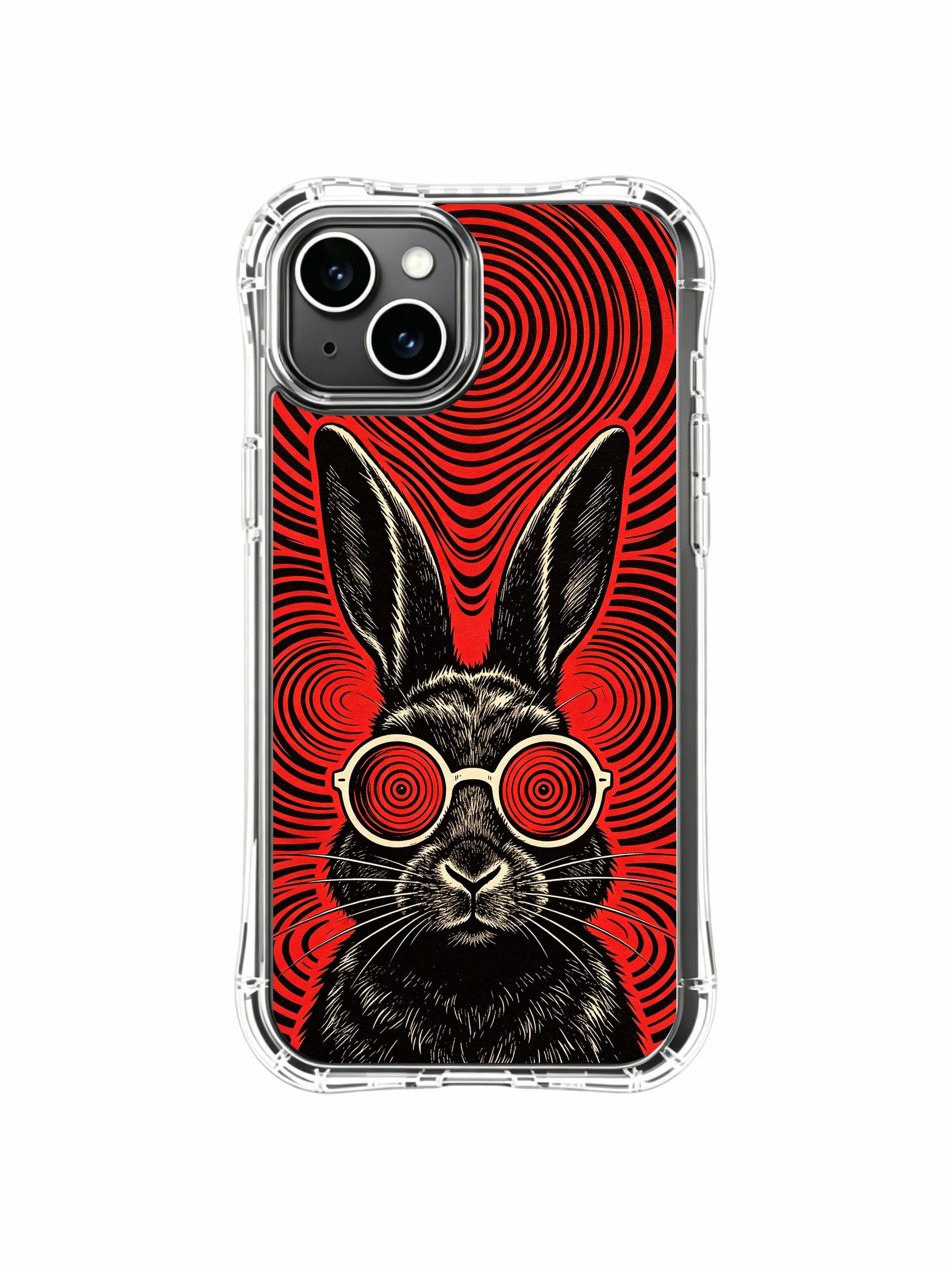 Premium collectible Red Signal Spiral Lens Black Rabbit art PhoneCasing iPhone 13 Case, official Rufus Vale exclusive print casing sold as holiday art gift across United States.