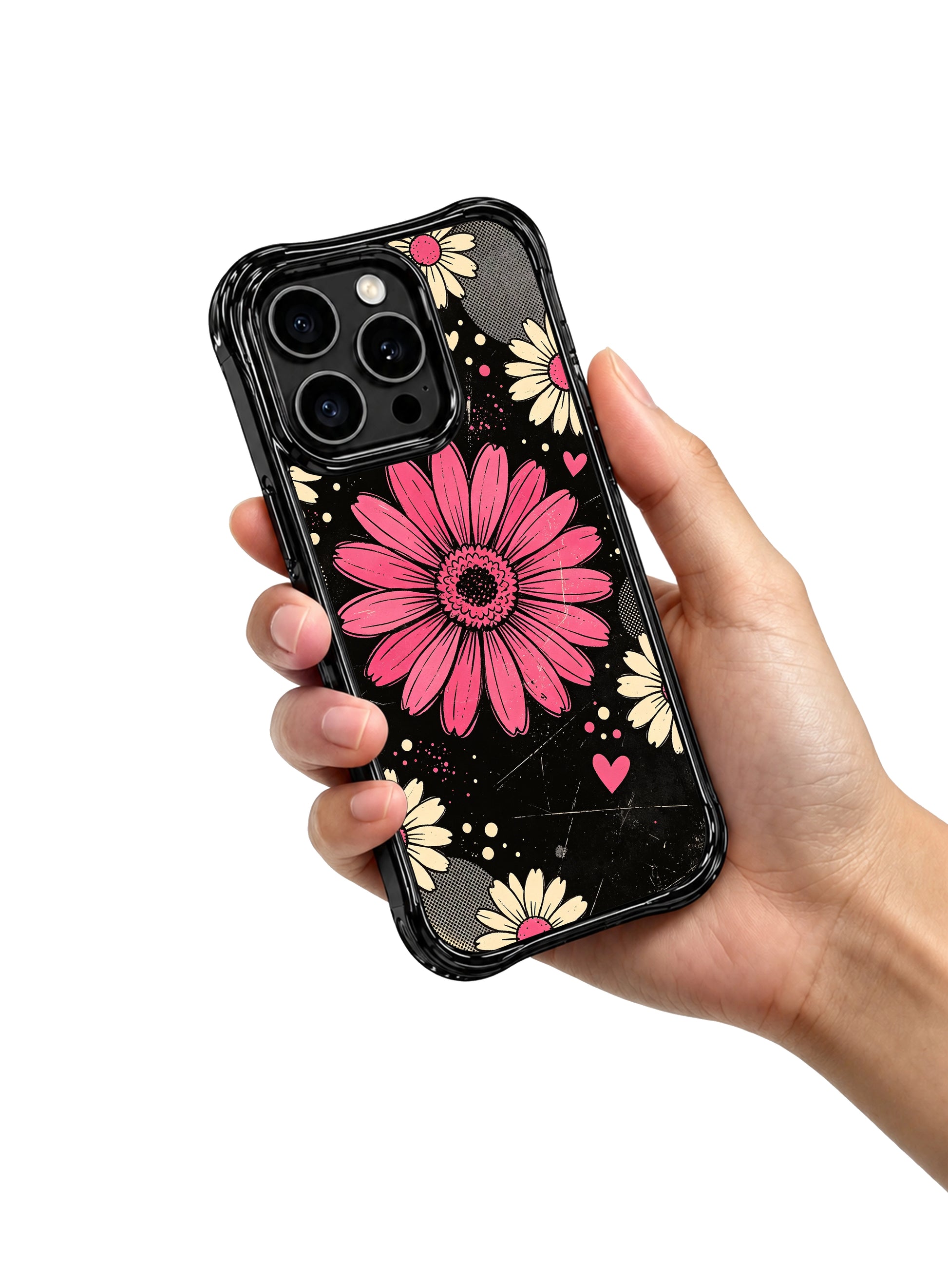 PhoneCasing iPhone 16 pro Case with dramatic stage spotlight oversized raspberry pink gerbera daisy layered over dark scratch black base, Ruby Daze artist-designed wavy casing for confident feminine style.