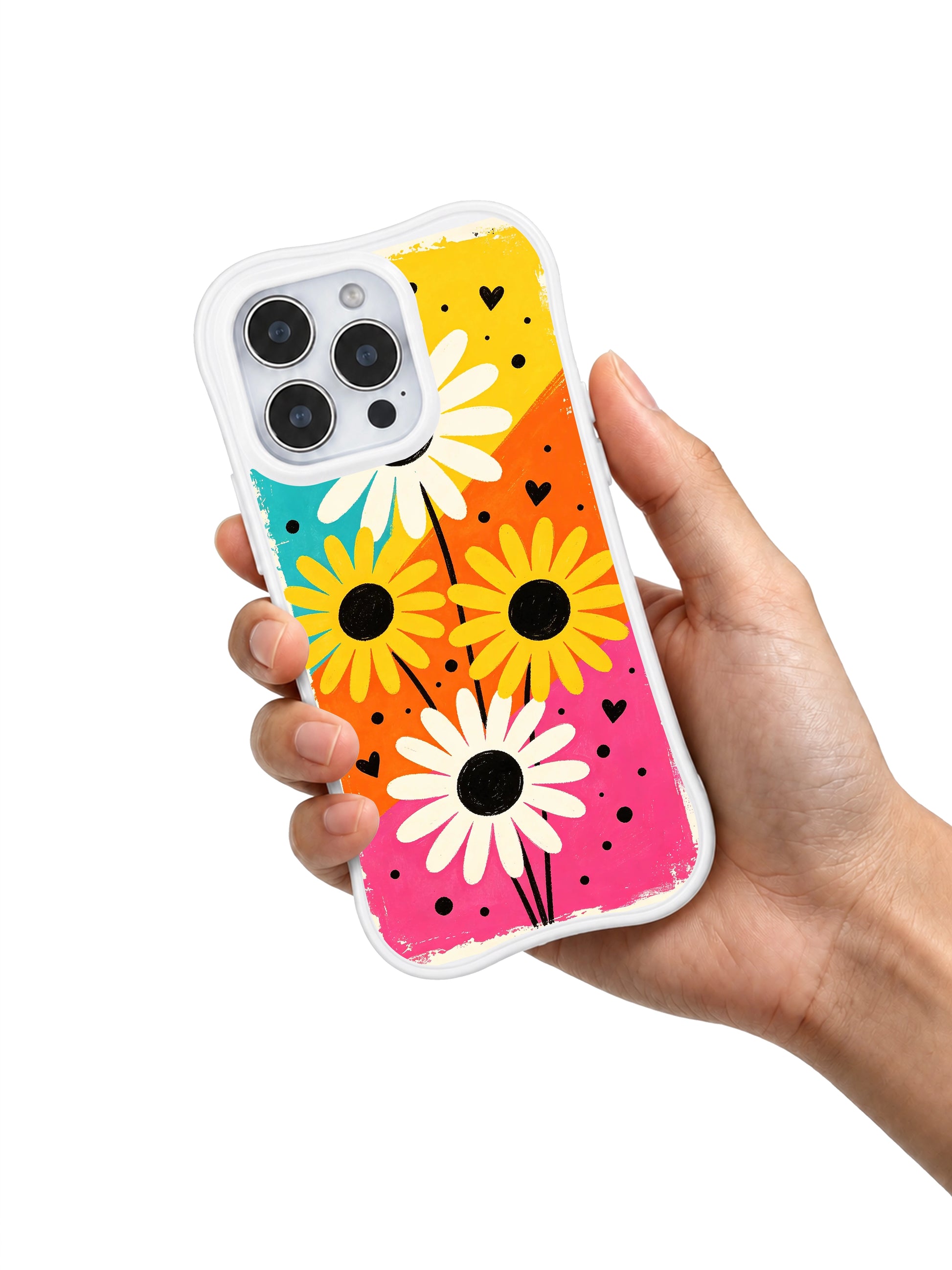 PhoneCasing iPhone 16 pro Case with bold saturated turquoise yellow orange pink color block cream & gold daisy print, Ruby Daze Candy Riot Daisies artist-designed wavy casing for fun feminine style.