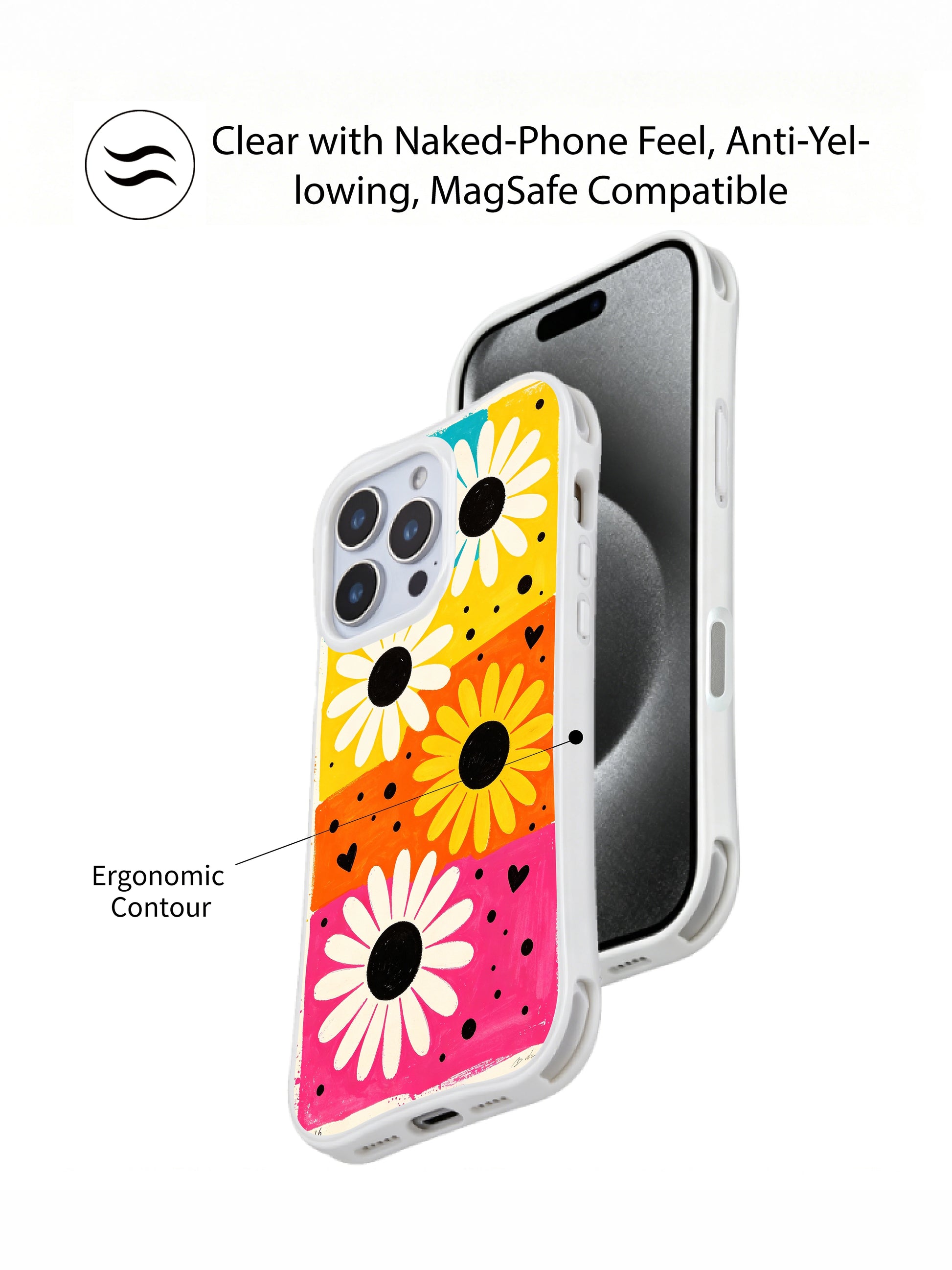PhoneCasing iPhone 16 pro Case with bold saturated turquoise yellow orange pink color block cream & gold daisy print, Ruby Daze Candy Riot Daisies artist-designed wavy casing for fun feminine style.