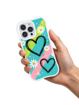 PhoneCasing iPhone 16 pro Case with vivid saturated mint pink lime diagonal stripe cream daisy sketch print, Ruby Daze Red Stripe Daisy Signal artist-designed wavy casing for edgy cute feminine style.