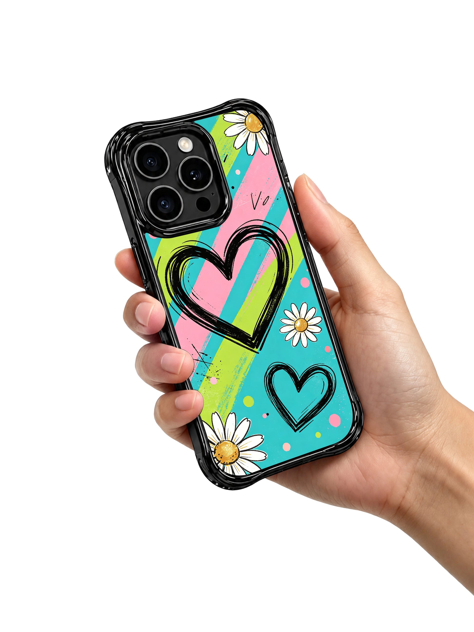 PhoneCasing iPhone 16 pro Case with vivid saturated mint pink lime diagonal stripe cream daisy sketch print, Ruby Daze Red Stripe Daisy Signal artist-designed wavy casing for edgy cute feminine style.