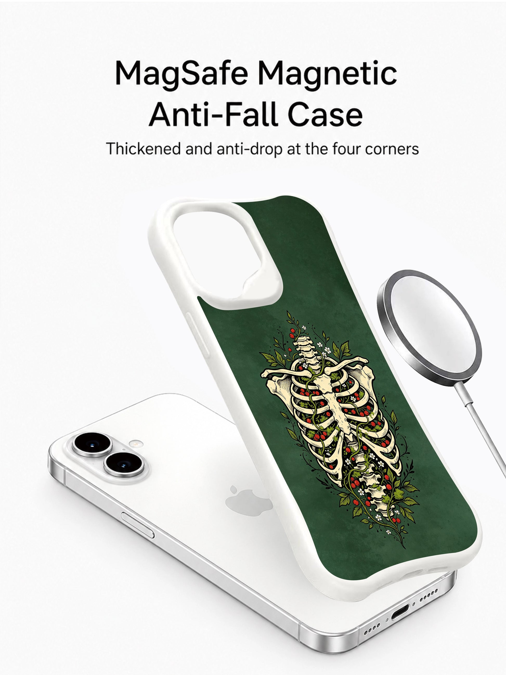 PhoneCasing Hollow Turns Garden spiritual goth iPhone 16 Case, hand-drawn skeletal torso sprouting wild berry vines against matte emerald green background, antimicrobial smooth finish durable iPhone 16 casing