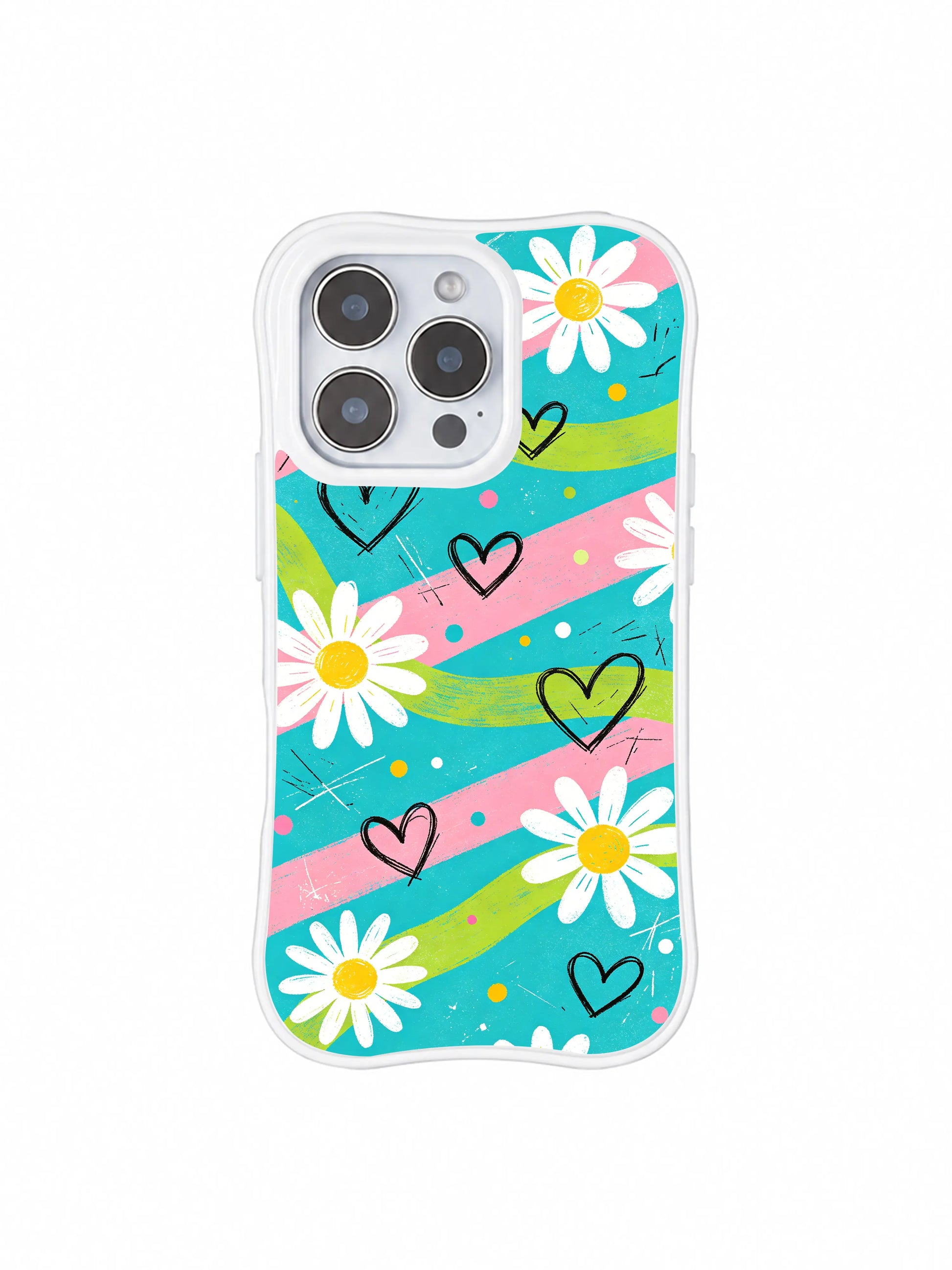 PhoneCasing iPhone 16 pro Case blending soft playful pastel youthfulness and edgy street sketch black linework via streaky daisy heart motifs, Ruby Daze Electric Picnic Flowers wavy design for daily casual summer wear.