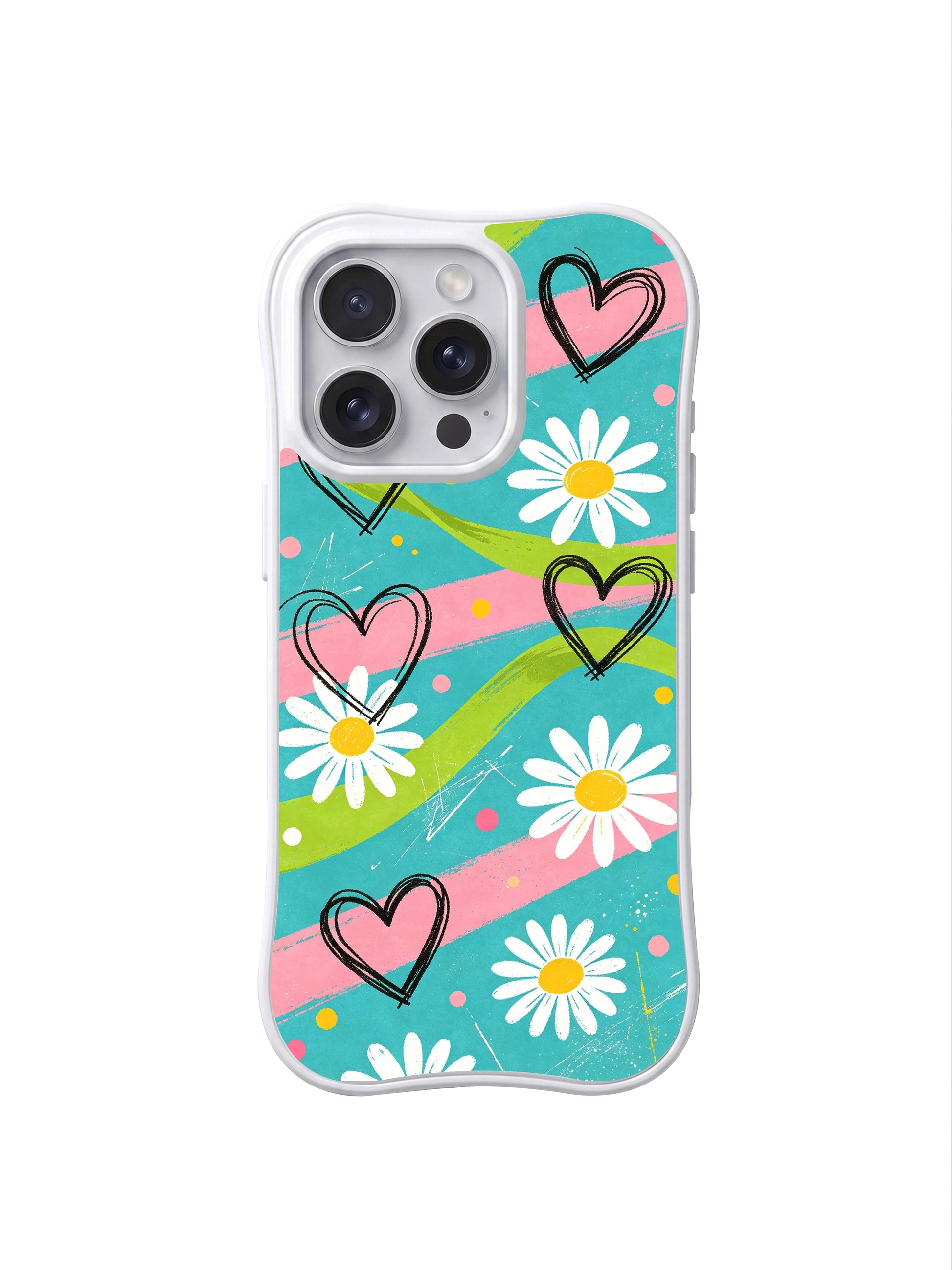PhoneCasing iPhone 16 pro Case blending soft playful pastel youthfulness and edgy street sketch black linework via streaky daisy heart motifs, Ruby Daze Electric Picnic Flowers wavy design for daily casual summer wear.
