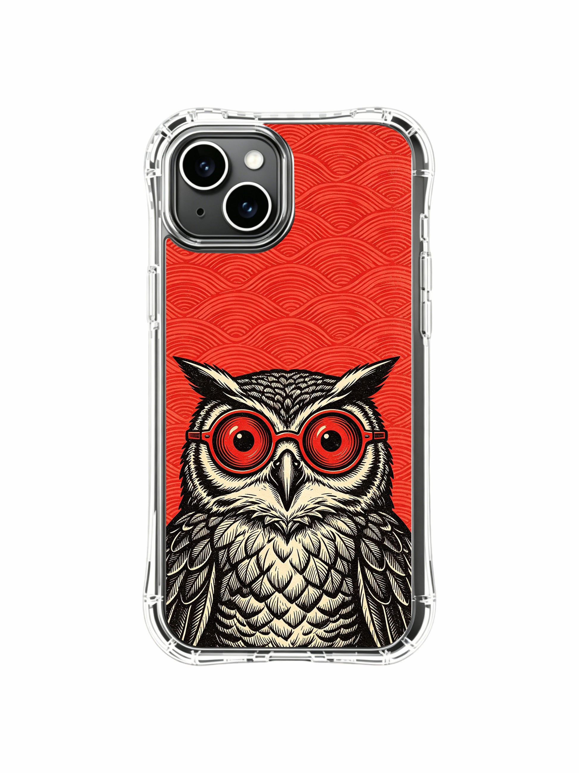 Hypnotic red round lens paired with dream-border night vision map-feather owl original art by Rufus Vale for PhoneCasing iPhone 13 Case, durable gallery-grade phone cover made in California.