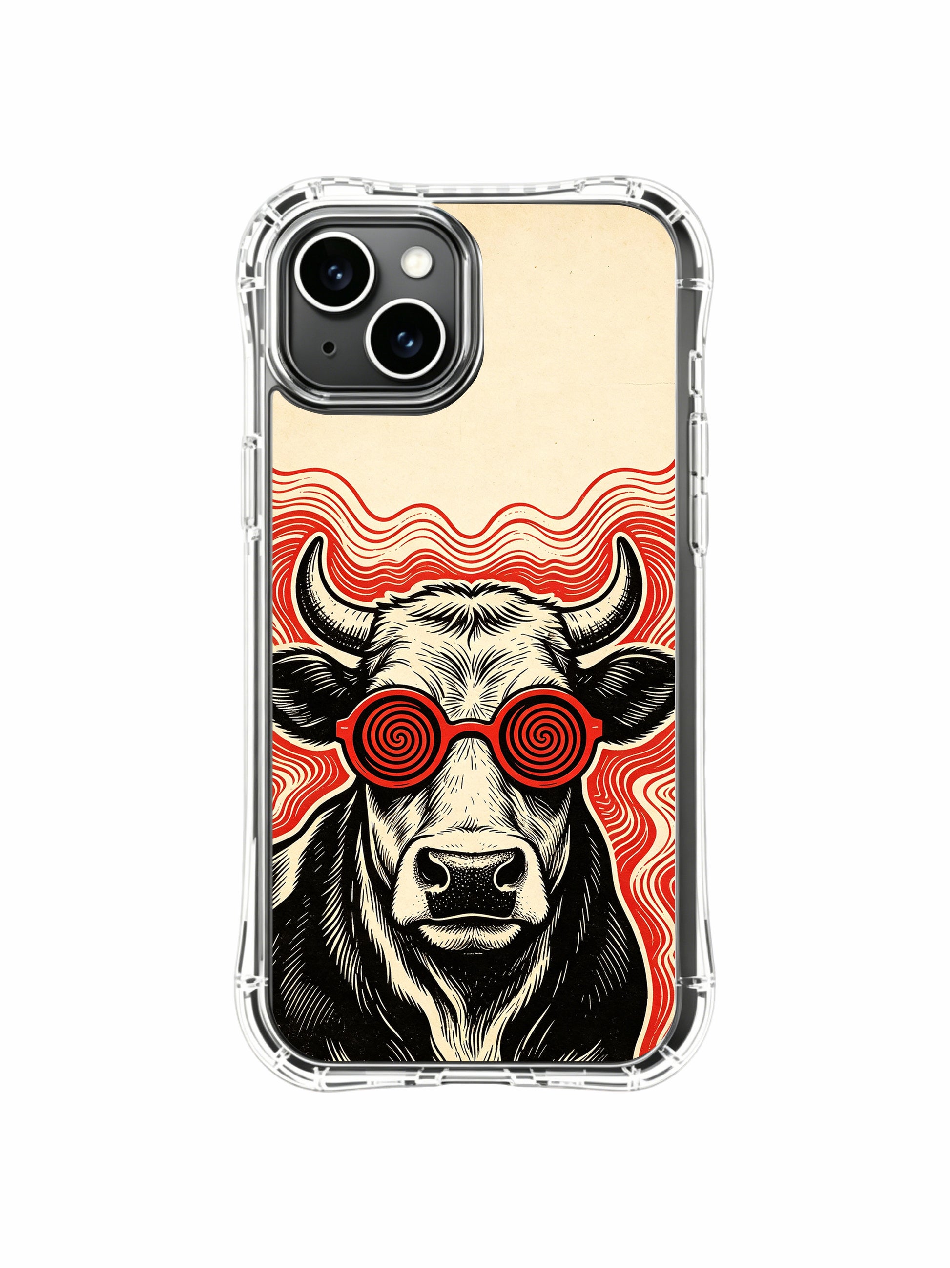 Hypnotic red spiral hypnotic eyewear farm cow original artwork by Rufus Vale for PhoneCasing iPhone 13 Case, limited-edition artist collab gallery-grade phone cover locally crafted in California.