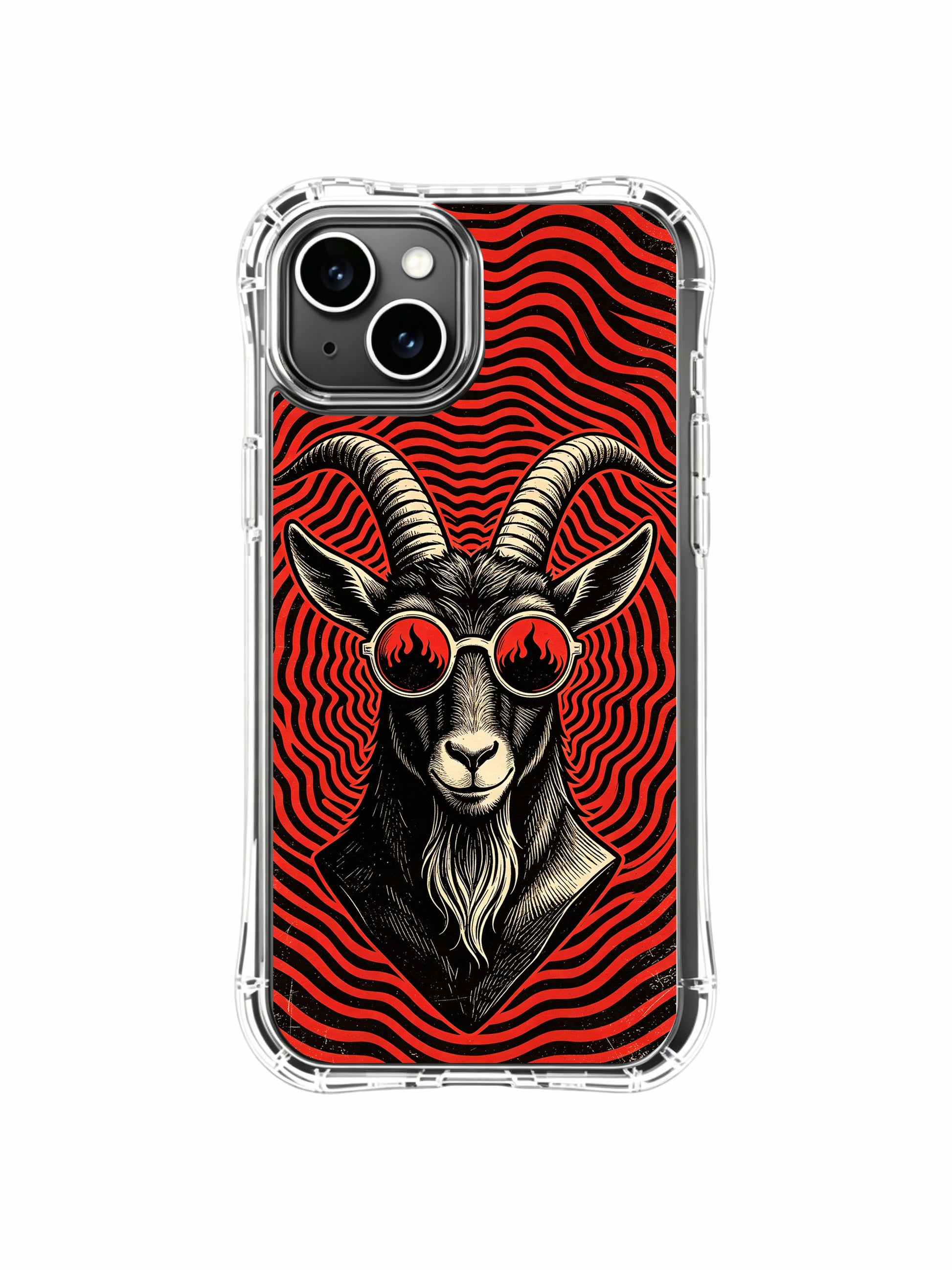Hypnotic red swirl pattern paired with fiery reflective eyewear black goat original artwork by Rufus Vale for PhoneCasing iPhone 13 Case, limited-edition artist collab gallery-grade phone cover locally crafted in California.