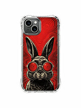 Hypnotic red concentric swirl pattern paired with spinning signal red eyewear black rabbit original art by Rufus Vale for PhoneCasing iPhone 13 Case, durable gallery-grade phone cover made in California.