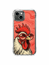 Rooster with hypnotic red vocal waves artwork on an iPhone 13 case