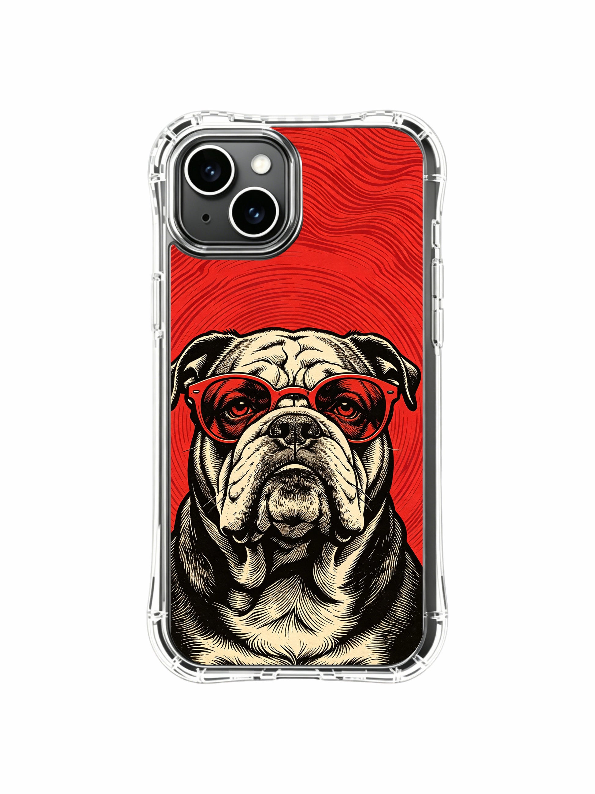 Hypnotic red wavy line backdrop paired with cool stoic red eyewear bulldog original art by Rufus Vale for PhoneCasing iPhone 13 Case, durable gallery-grade phone cover made in California.