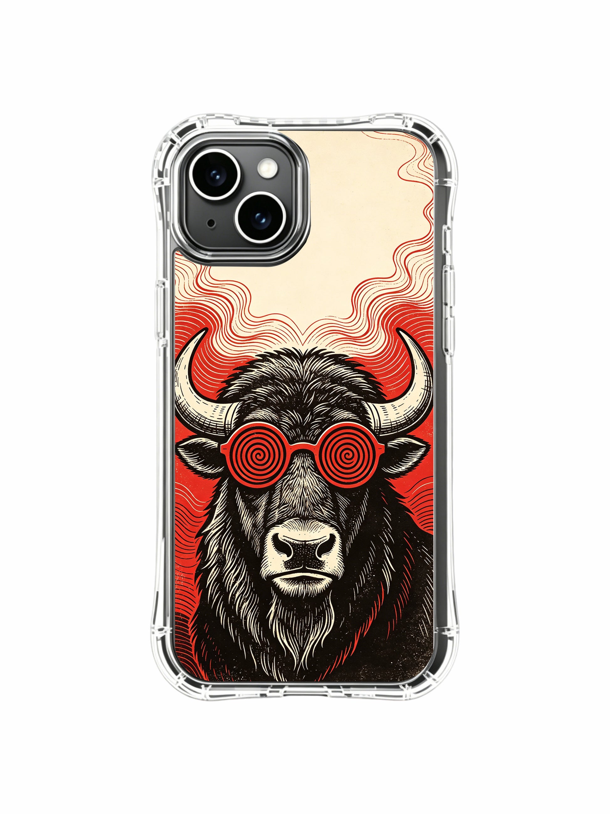 Hypnotic red spiral eyewear bison artwork for PhoneCasing iPhone 13 Case, limited-edition artist collab gallery-grade phone cover manufactured in California.