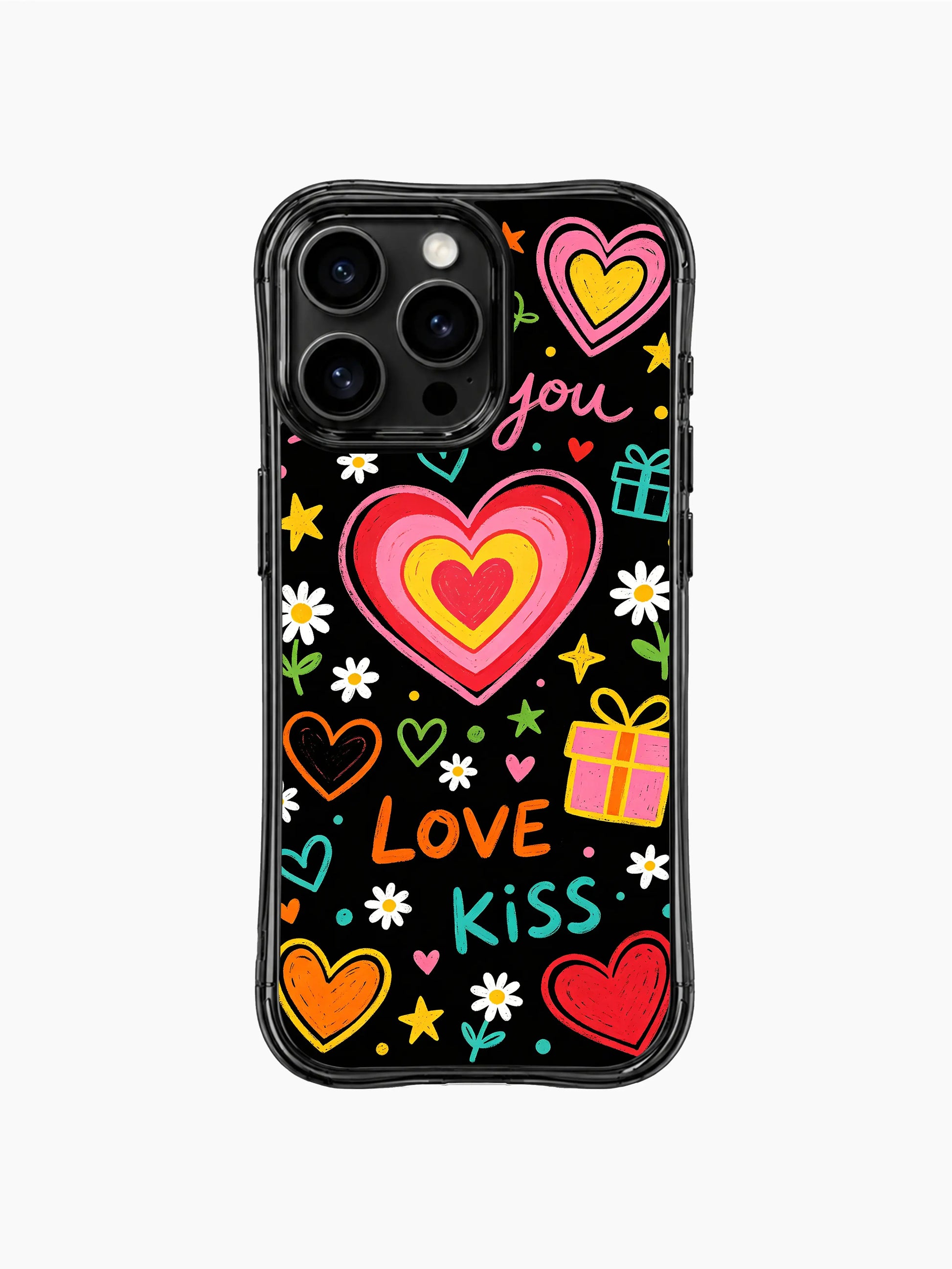 PhoneCasing iPhone 13 Pro Max casing full of handwritten "I Love You" and "Kiss" script paired with concentric rainbow hearts, cheerful genuine crush vibe phone case.