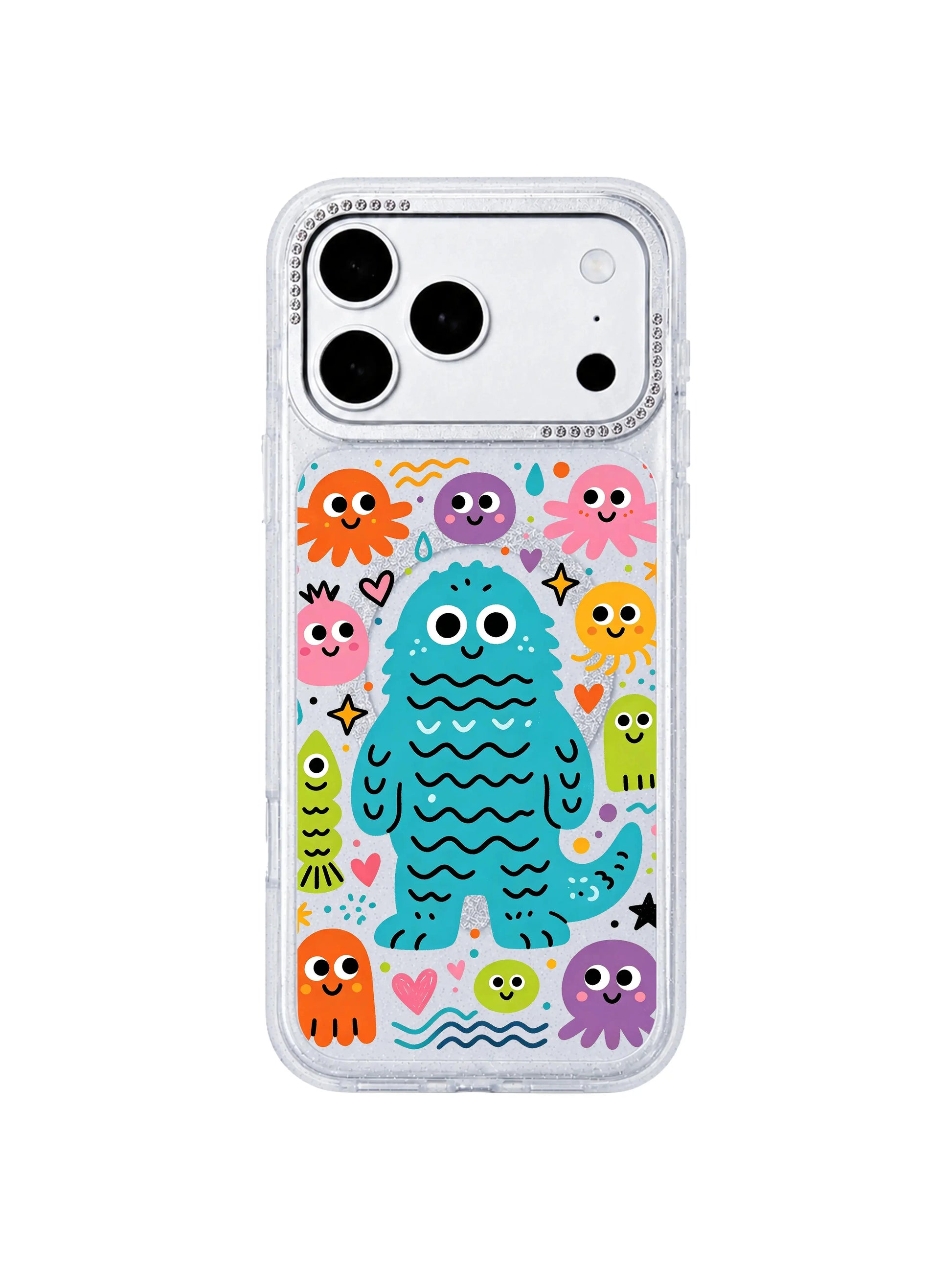PhoneCasing reinforced anti-drop corner demo shot for Imaginary Ocean Monster iPhone 17 Pro Max case, shock-absorbent silicone proof for scratch-resistant durable iPhone 17 Pro Max protective casing with cute marine cartoon illustrations