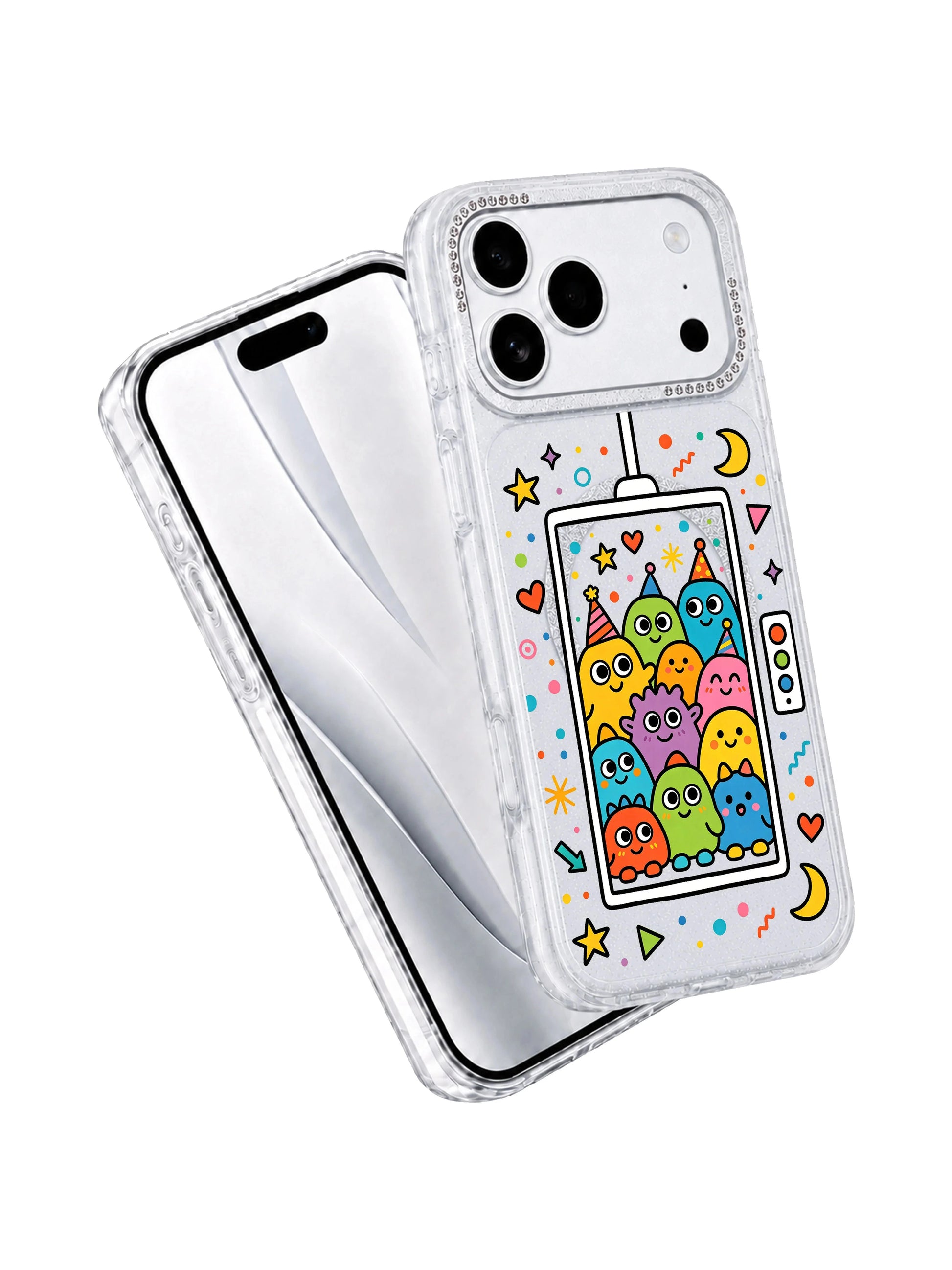 PhoneCasing dual split device fold mockup showcasing Imagination Lift Monster Gang iPhone 17 Pro Max case, translucent glitter iPhone 17 Pro Max casing matched with bare silver iPhone 17 Pro Max frame, full wishful creature print coverage