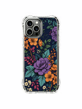 PhoneCasing iPhone 16 Pro Max Case with an indigo floral design featuring gold and purple blooms. Intricate flowers and leaves, aesthetic illustrated case.