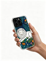 White lion portrait beneath an indigo canopy artwork on an iPhone 13 Pro case