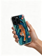 Deep indigo navy jungle setting with arch-shaped leaf architecture framing winding prowling tiger portrait iPhone 13 pro Case from PhoneCasing, ultra-thin anti-yellow iPhone 13 pro casing paired with multi-shade tropical foliage blooms, minimalist vintage explorer animal phone cover.
