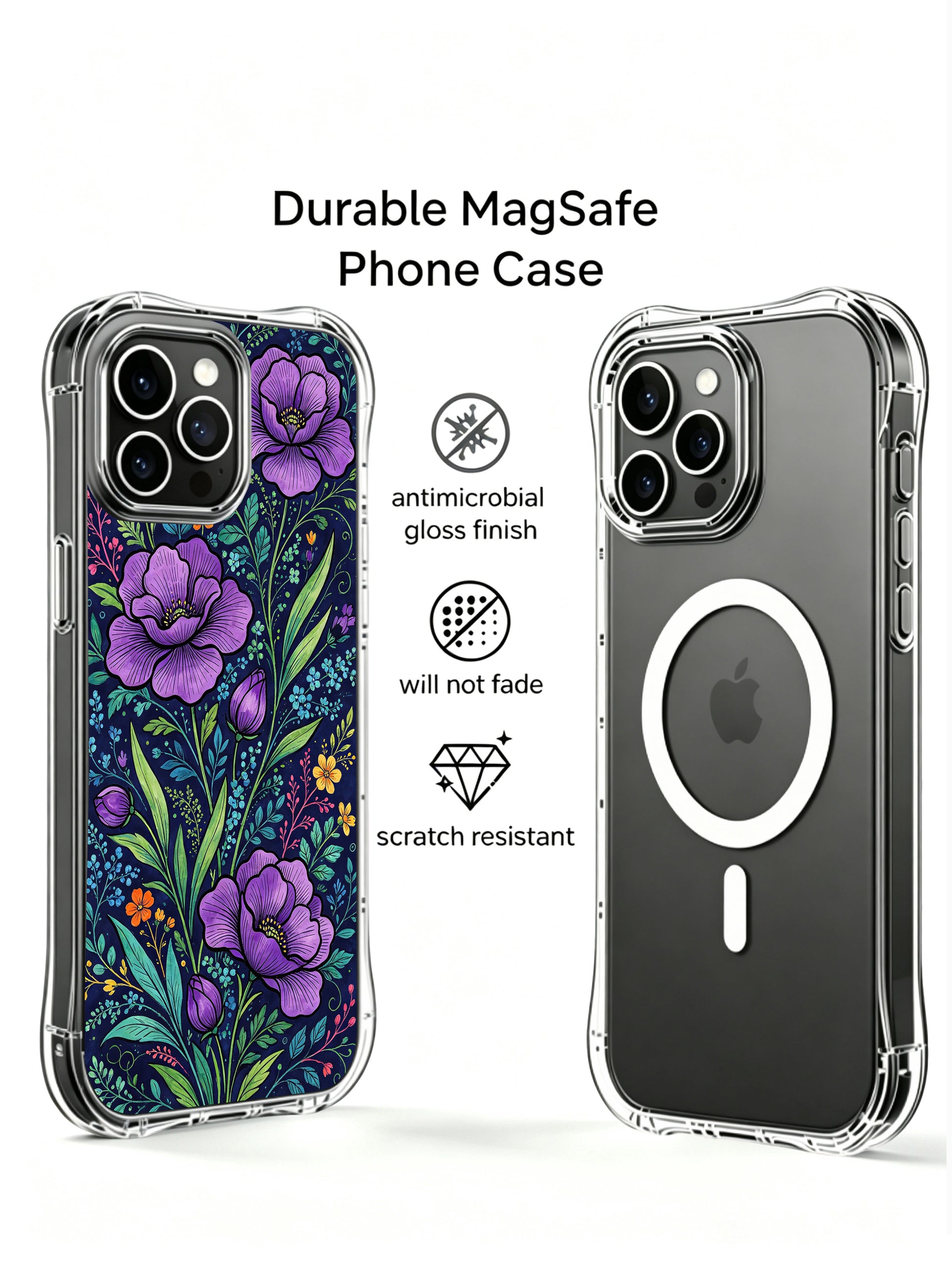 PhoneCasing iPhone 16 Pro Max Case with the Indigo Peony Garden design. Vibrant purple peonies and colorful foliage, scratch-resistant protective case made in California.