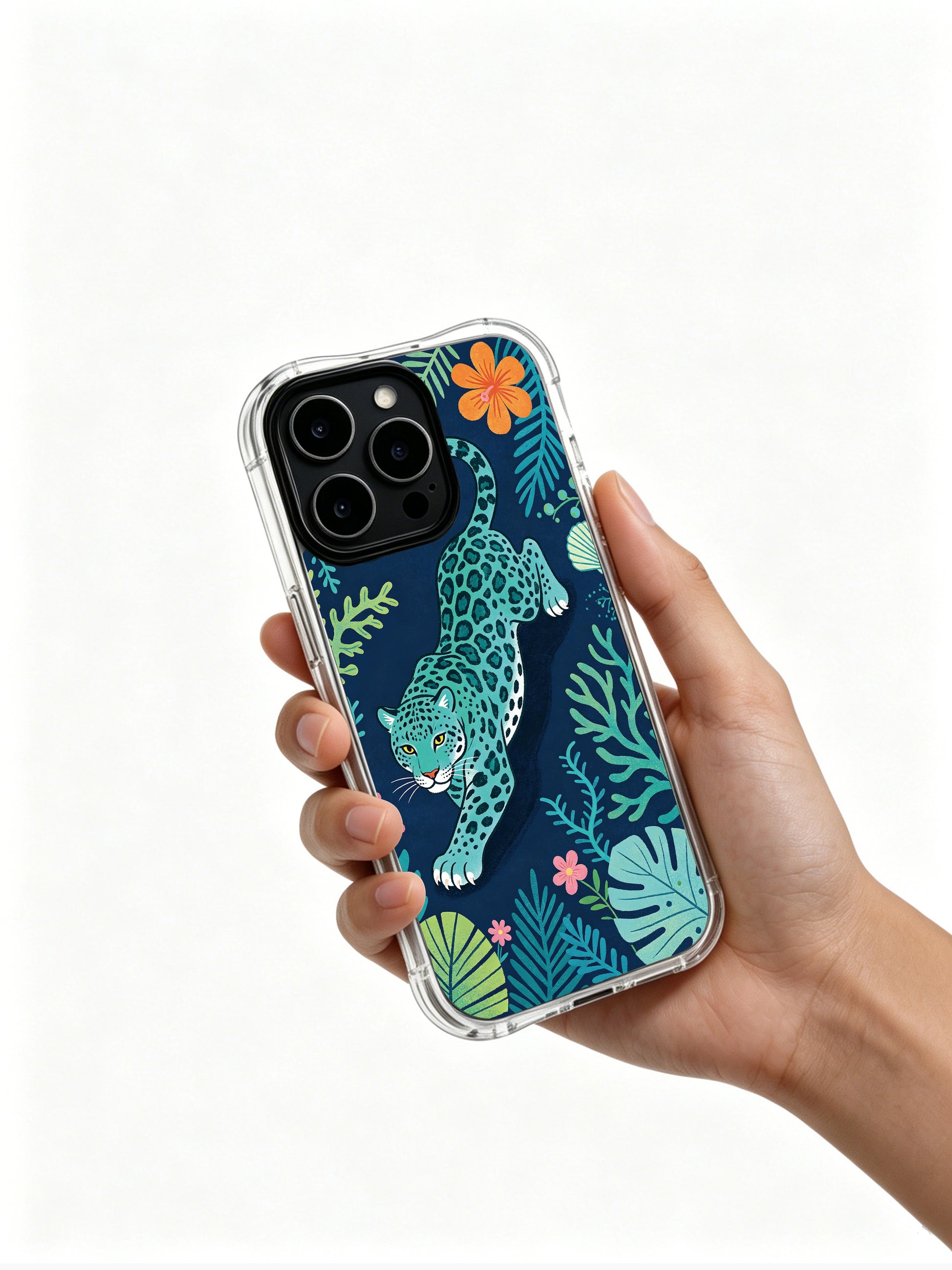 Deep indigo navy ocean-jungle setting with swaying seaweed leaves framing fluid prowling blue jaguar portrait iPhone 13 pro Case from PhoneCasing, ultra-thin anti-yellow iPhone 13 pro casing paired with multi-shade tropical sea blooms, minimalist coastal vintage animal phone cover.
