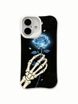 PhoneCasing indoor casual daily lifestyle Glowing Blue Rose iPhone 16 Case, minimalist goth wearable decor for office & casual outfits, antimicrobial fingerprint-proof glossy finish iPhone 16 casing